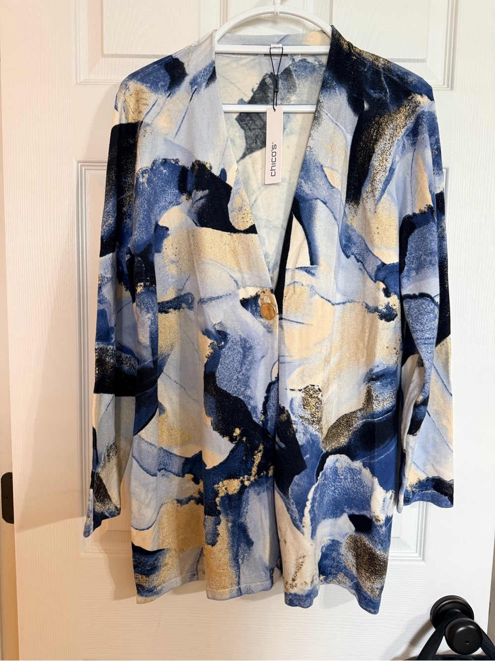 Chico's Blue and Gold Watercolor Open-Front Jacket